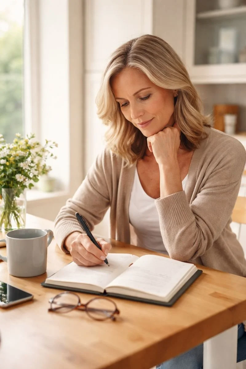 A woman writing in a journal at a wooden table with a mug, glasses, and a phone, near a window with a vase of flowers.