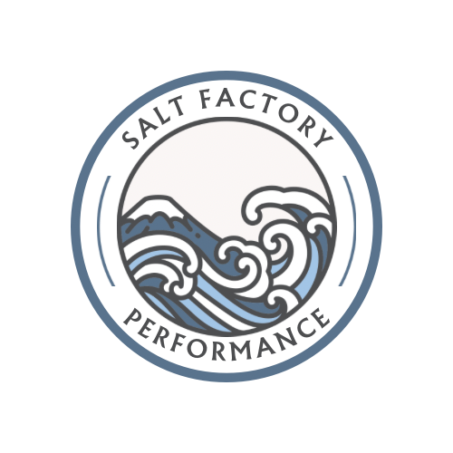 A stylized symbol of ocean waves with mountains and a moon in the background.