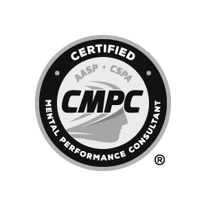 A black and white circular badge with the text "CERTIFIED" at the top, and "MENTAL PERFORMANCE CONSULTANT" at the bottom. The inner circle contains the acronym "CMP C" and the text "AASP CSPA".