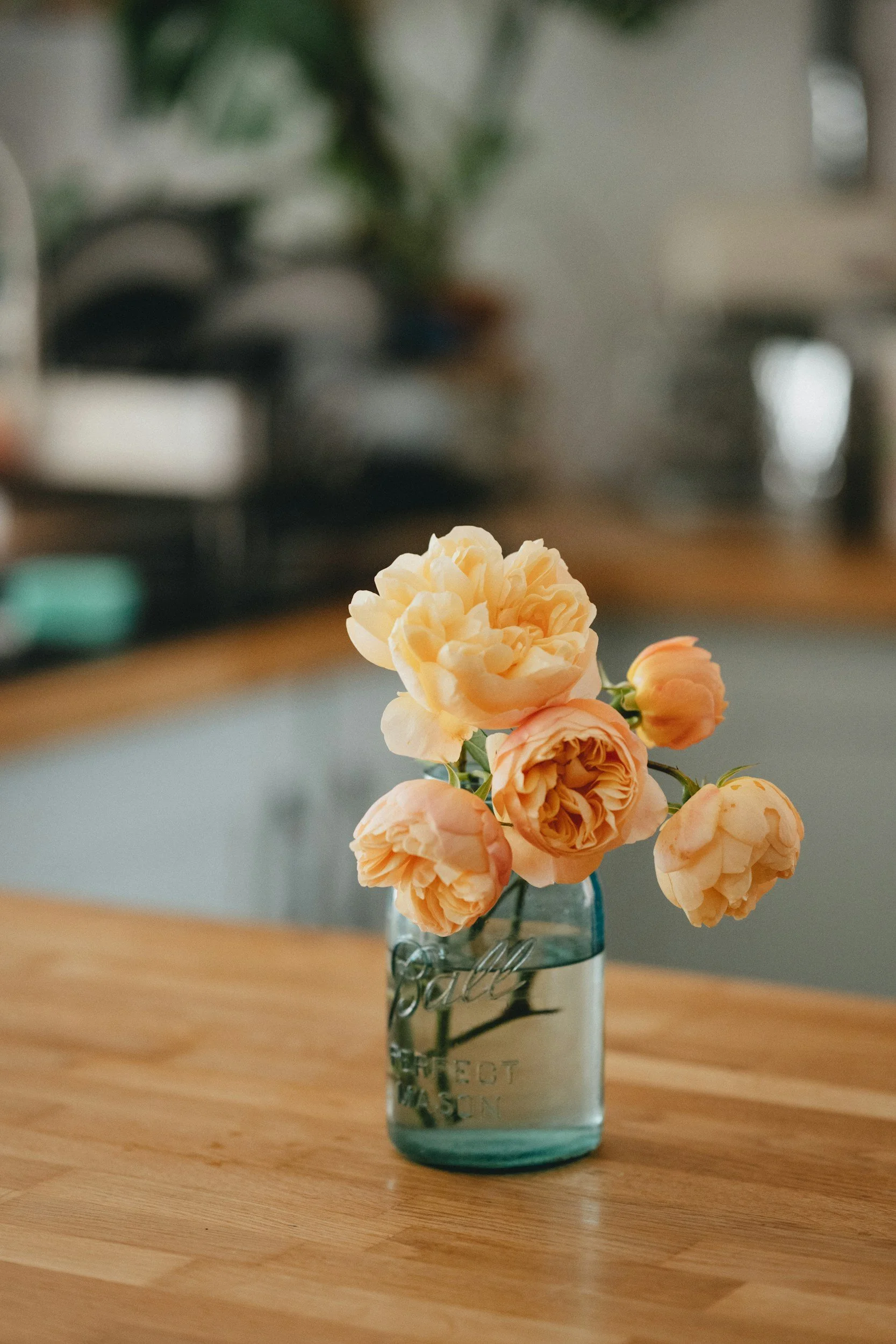 a bundle of peach peonies in a mason jar on a butcher block counter, therapist for women in fort collins colorado