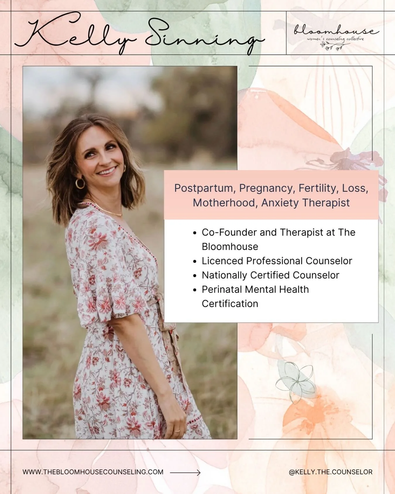 ✨MEET THE TEAM✨

Meet Kelly🌸

Hi, I&rsquo;m Kelly Sinning, LPC &mdash; therapist and co-founder of The Bloomhouse Women&rsquo;s Counseling Collective in Fort Collins, Colorado.

I&rsquo;m passionate about helping women navigate the hard, messy, deep