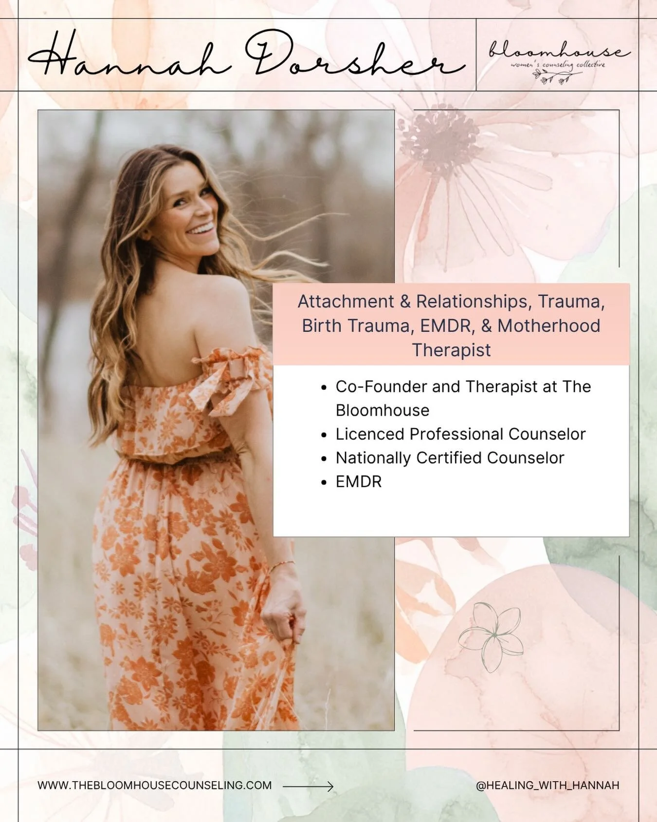 ✨MEET THE TEAM✨

Meet Hannah🌼

Hi, I&rsquo;m Hannah Dorsher, LPC &mdash; therapist, attachment coach, and co-founder of The Bloomhouse Women&rsquo;s Counseling Collective here in Fort Collins, Colorado.

I specialize in helping women who feel overwh