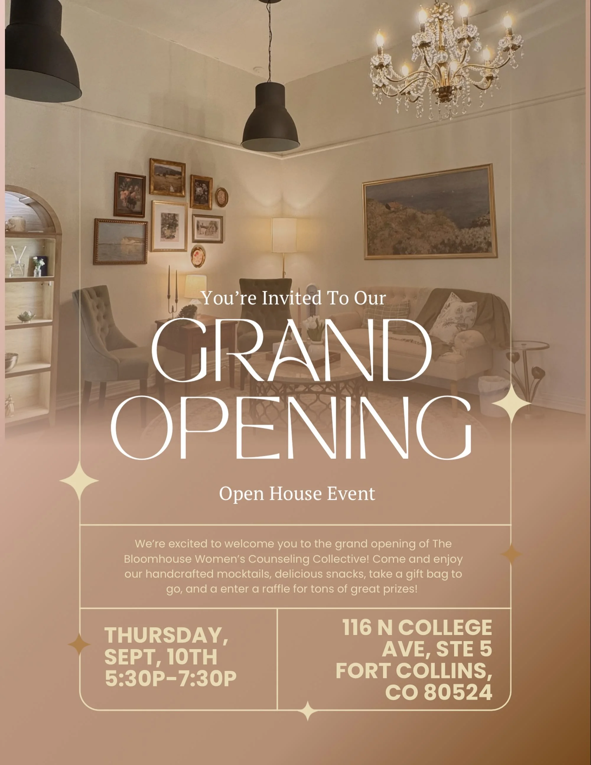 Welcome to **The Bloomhouse Women&rsquo;s Counseling Collective!**

We&rsquo;re so excited to open our doors and invite you to celebrate this exciting new chapter with us.

Join us for a **casual, drop-in Grand Opening Open House** where you can stop