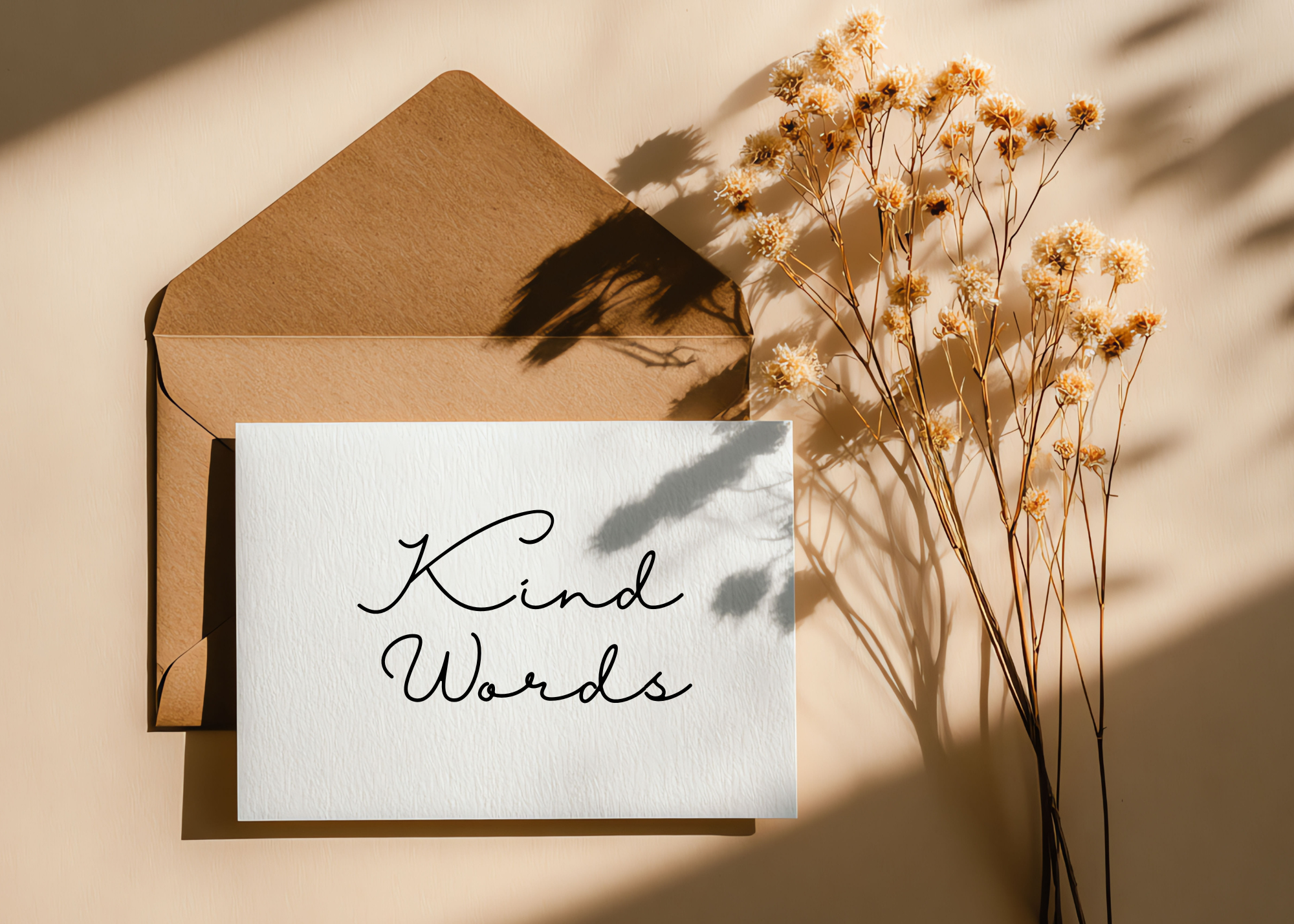 A white card with the words 'Kind Words' written in black cursive font, placed on top of a brown envelope, next to a bouquet of dried yellowish flowers, all casting shadows on a beige background.