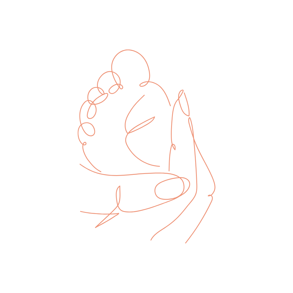 Line art illustration of a person's hand holding a small, curled-up dog made with a continuous, single line.