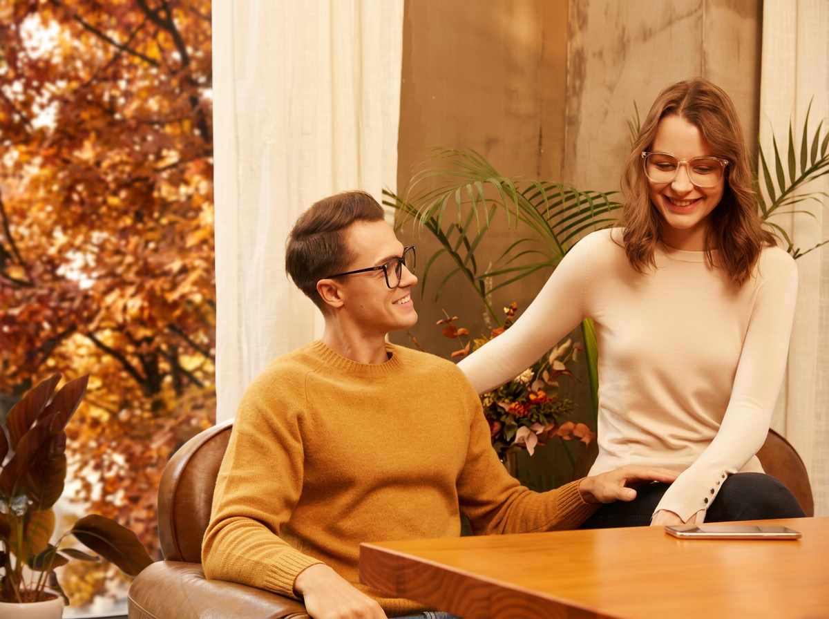 Counseling for women navigating holiday stress, man and woman sitting next to each other smiling