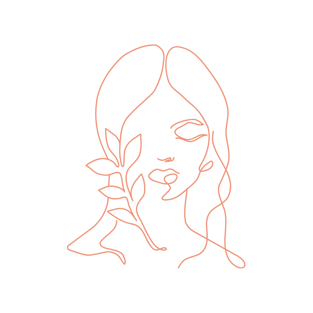 Minimalist line art illustration of a woman's face with long hair, a leaf, and a flower.