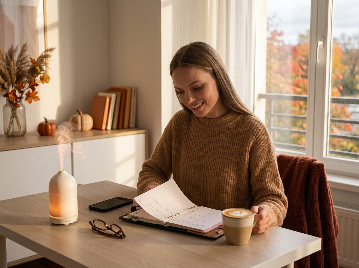 therapy for women dealing with family stress during the holiday season, women sitting at table with coffee looking at personal calendar