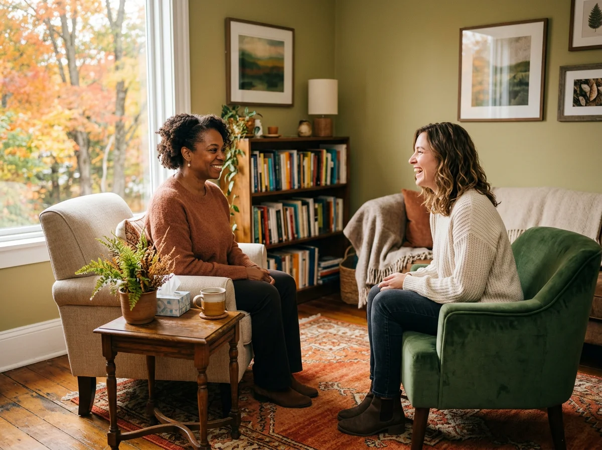 boundaries coaching and therapy for women, two women sitting across from each other smiling