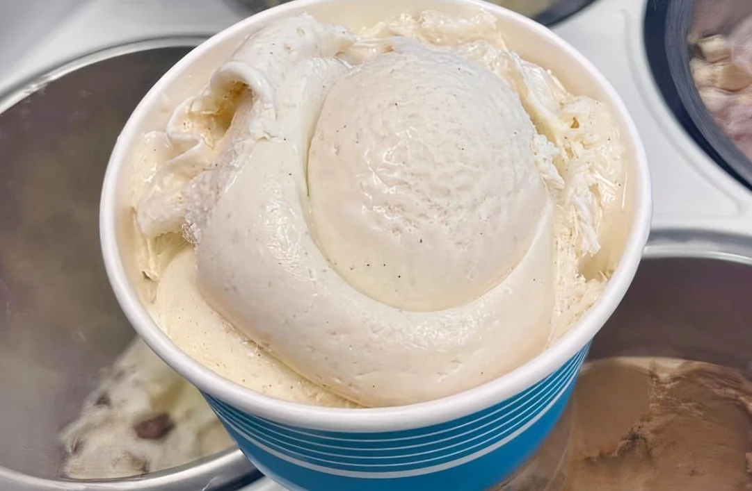 Close-up of a cup of vanilla soft serve ice cream with a swirl on top.