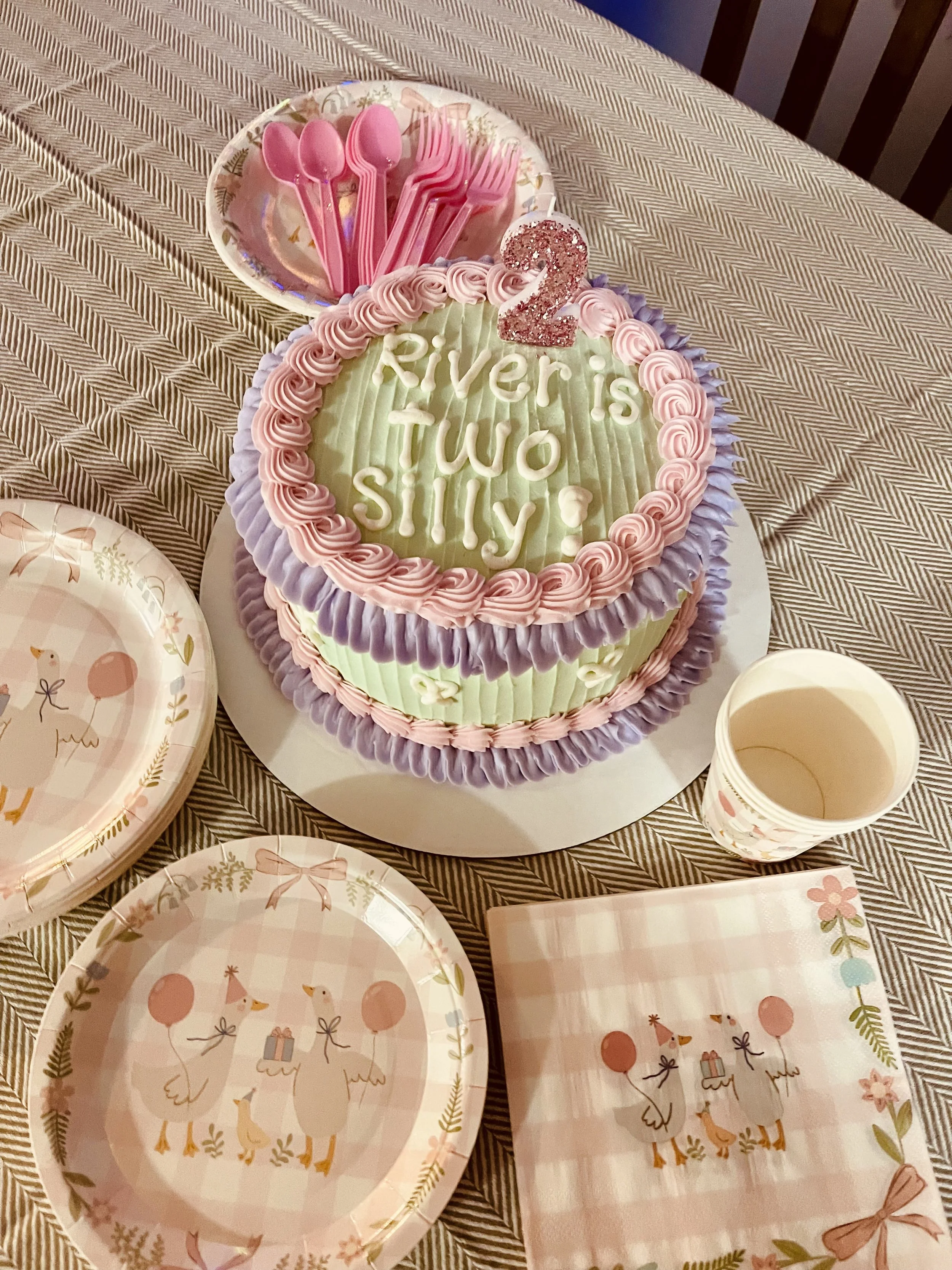 Colorful birthday cake with pink, purple, and green icing, decorated with a glittery number 2 topper and the message 'River is TWO silly' written on top, surrounded by swirled icing borders. The cake is set on a table with paper plates featuring duck