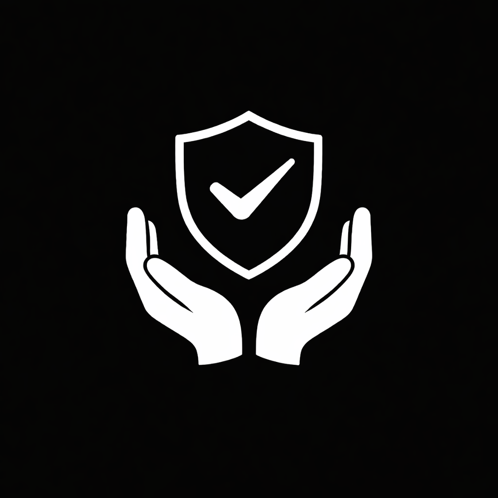 Icon of two hands holding a shield with a checkmark, symbolizing security or protection