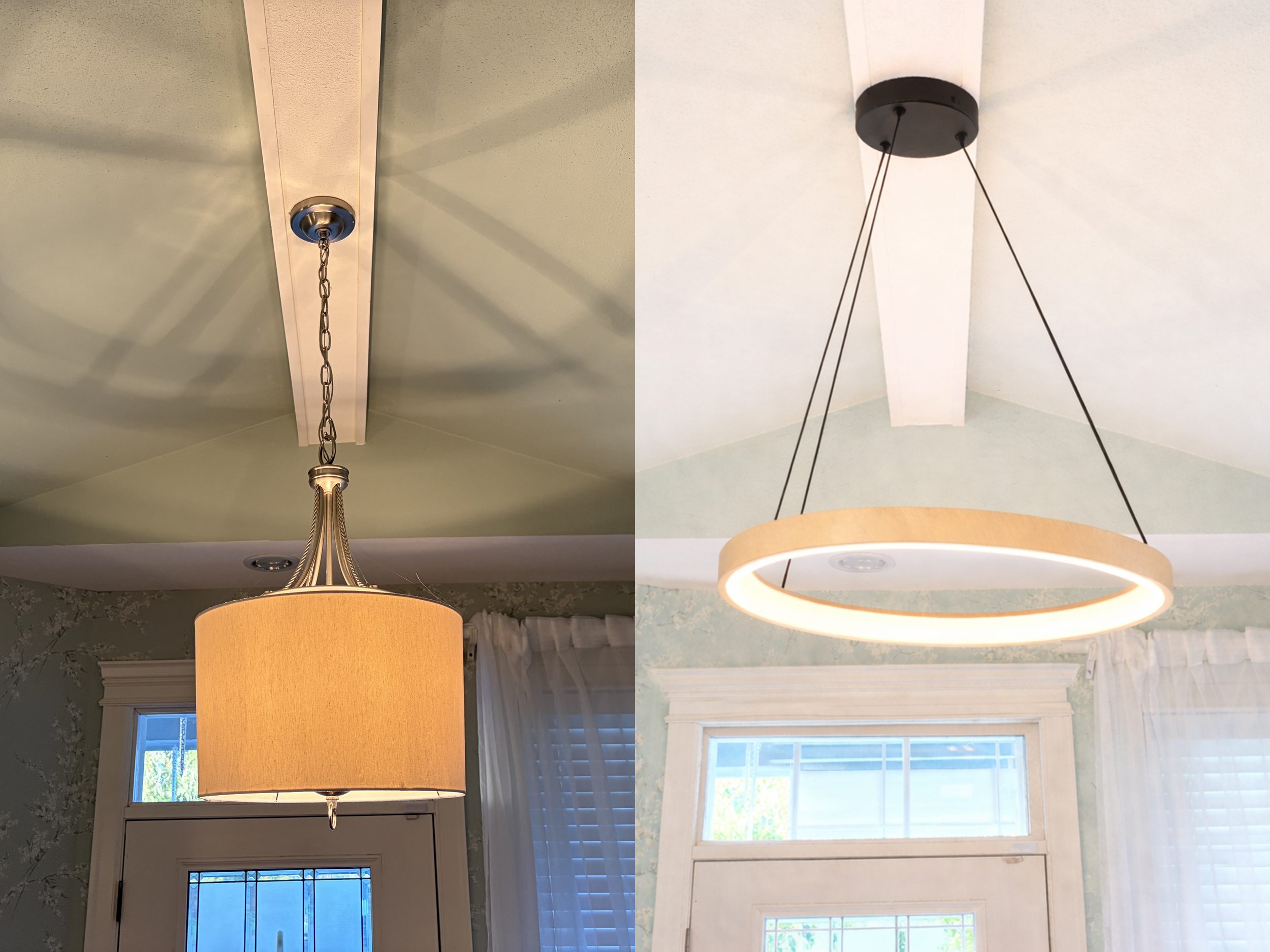 Comparison of two ceiling light fixtures. The left fixture is a traditional chandelier with a beige lampshade and metal chain, hanging from a ceiling with a strip running along the center. The right fixture is a modern, circular LED light hanging fro
