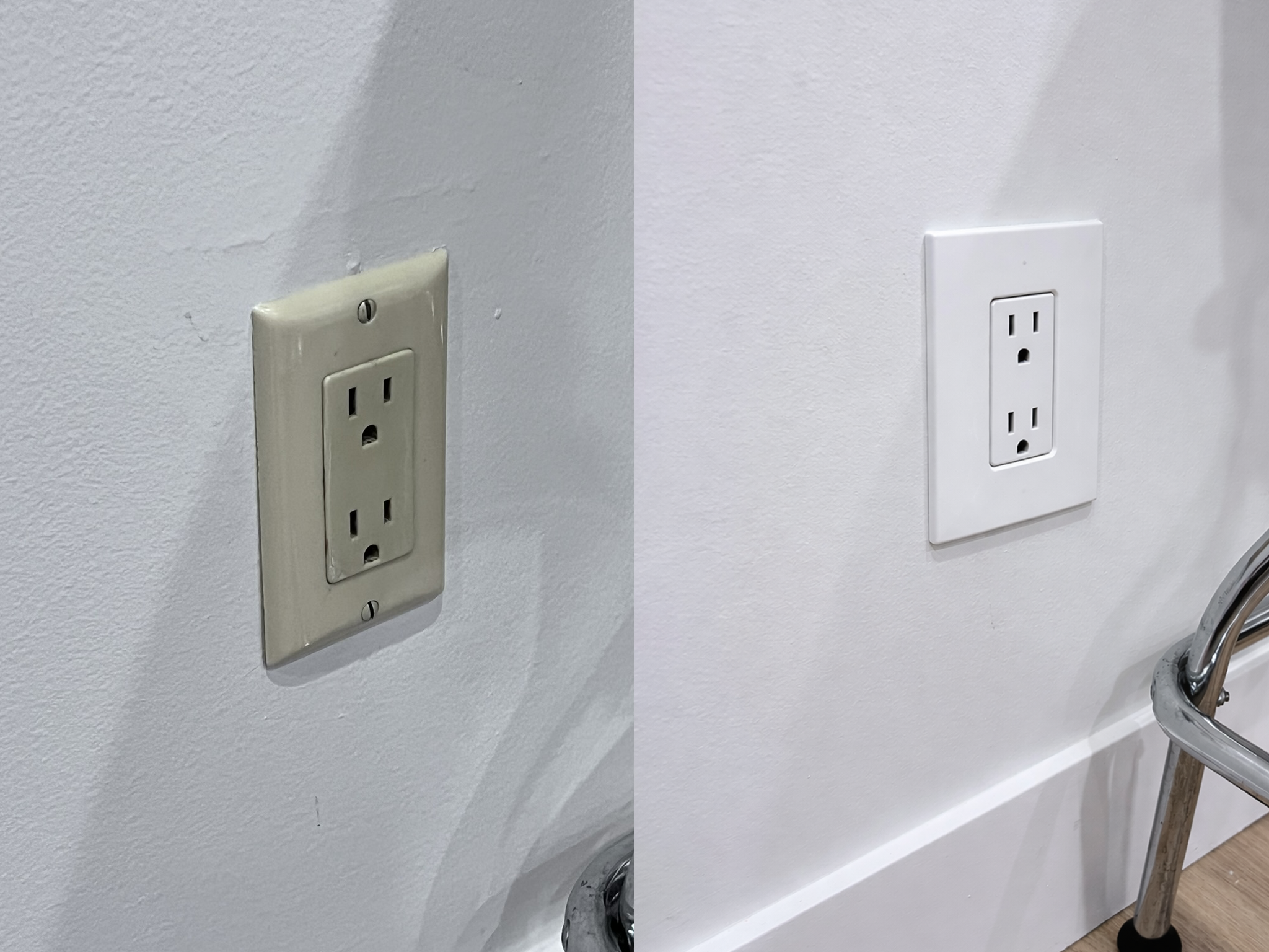 Comparison of two wall outlets; one older with yellowed cover and one newer with white cover, both on a white wall.