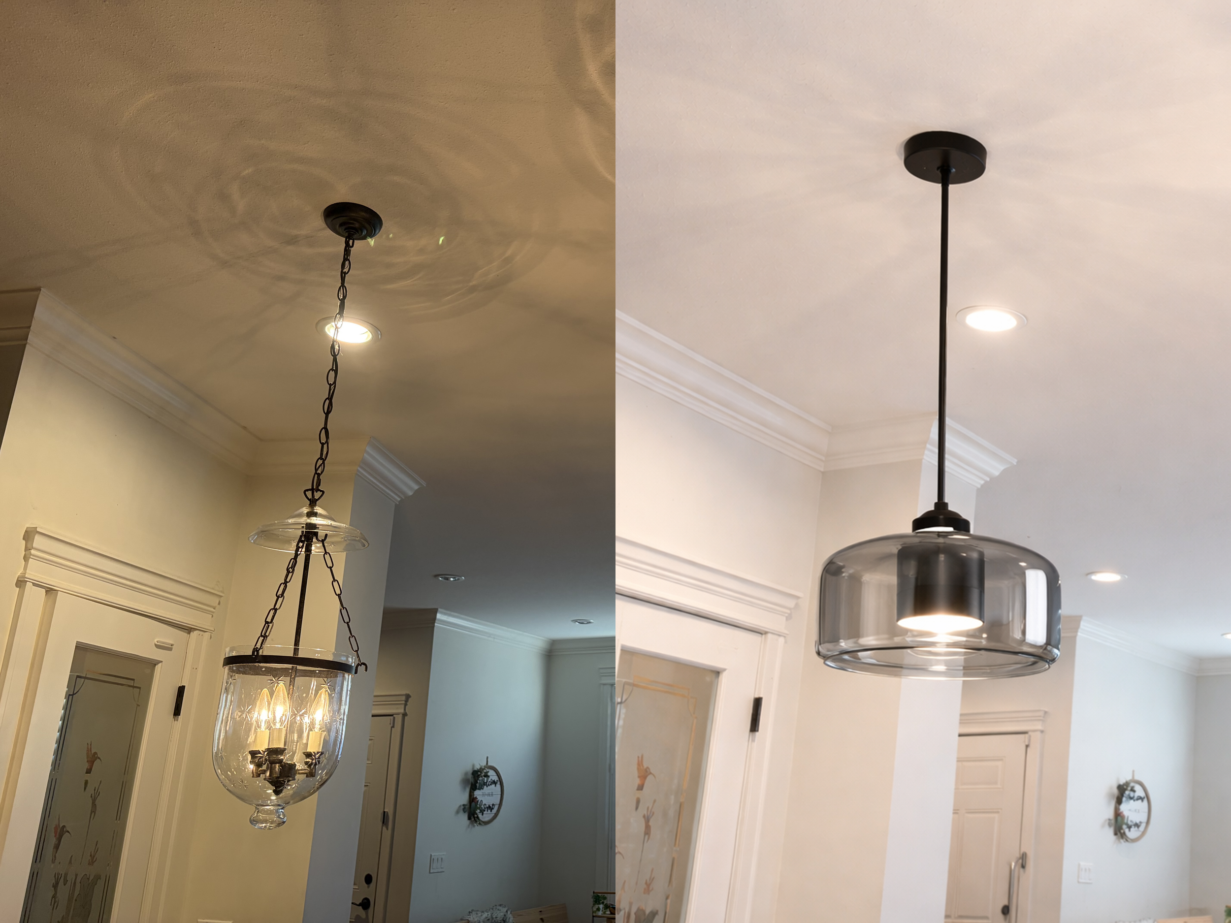 Comparison of two ceiling light fixtures, showing the old chandelier with glass panels and candle-like bulbs on the left, and a modern pendant light with a black fixture and clear glass shade on the right.