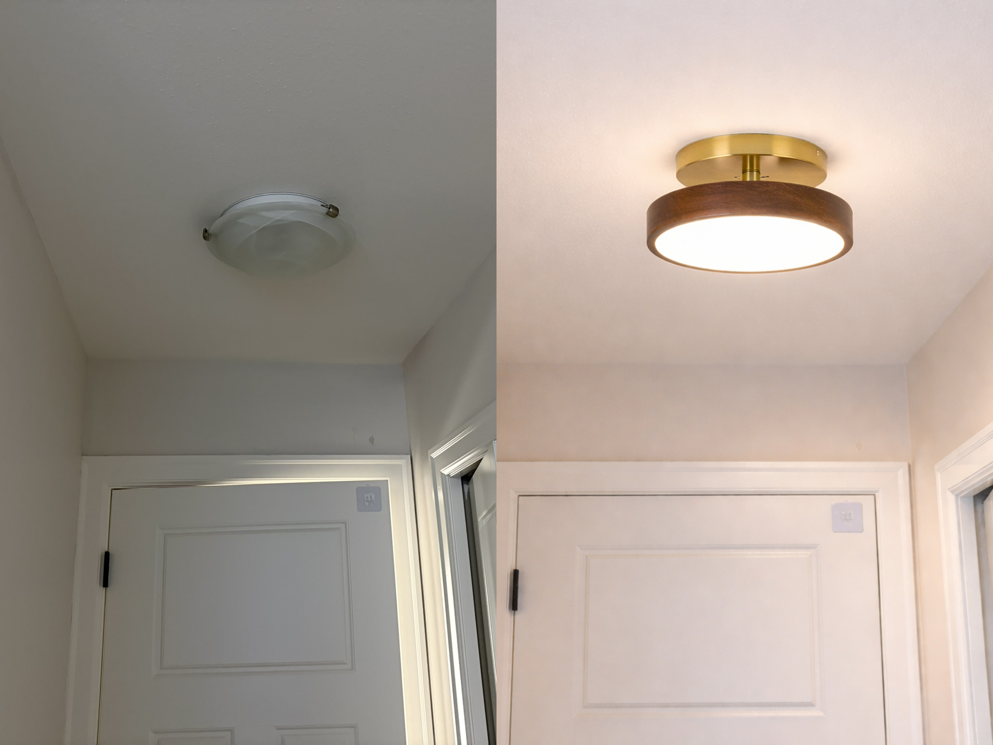Side-by-side comparison of ceiling lights: left image shows an older, frosted glass flush-mount ceiling light, right image features a modern, round flush-mount ceiling light with a wooden and brass finish.