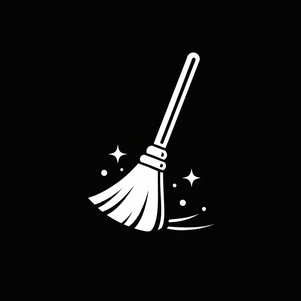 Icon of a broom with sparkles and dust, on a black background.