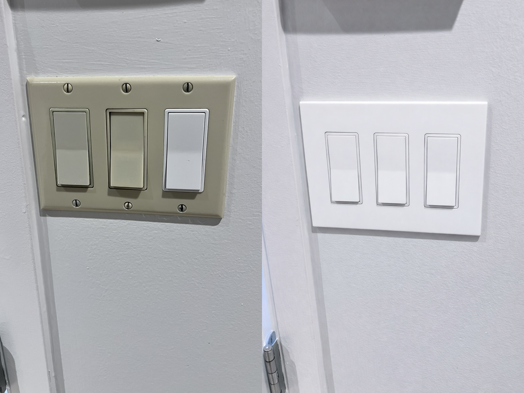 Comparison of two wall switches, one old beige with three rocker switches and one new white with three toggle switches, on a white wall.