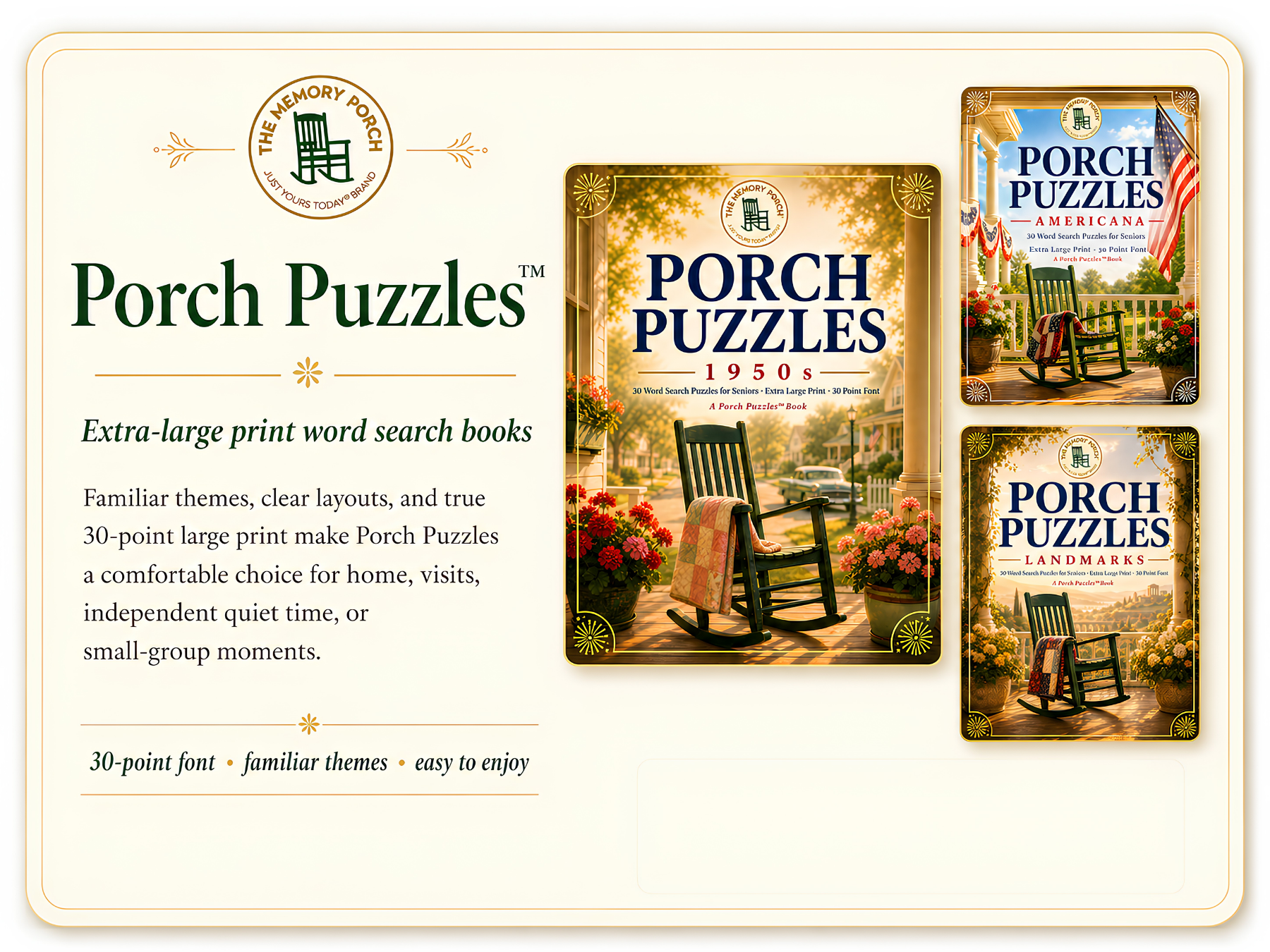 Porch Puzzles books with images of porches, rocking chairs, and outdoor decorations, designed for seniors, featuring themes from the 1950s, landmarks, and landmarks, with large print and 30 words in a search puzzle format.