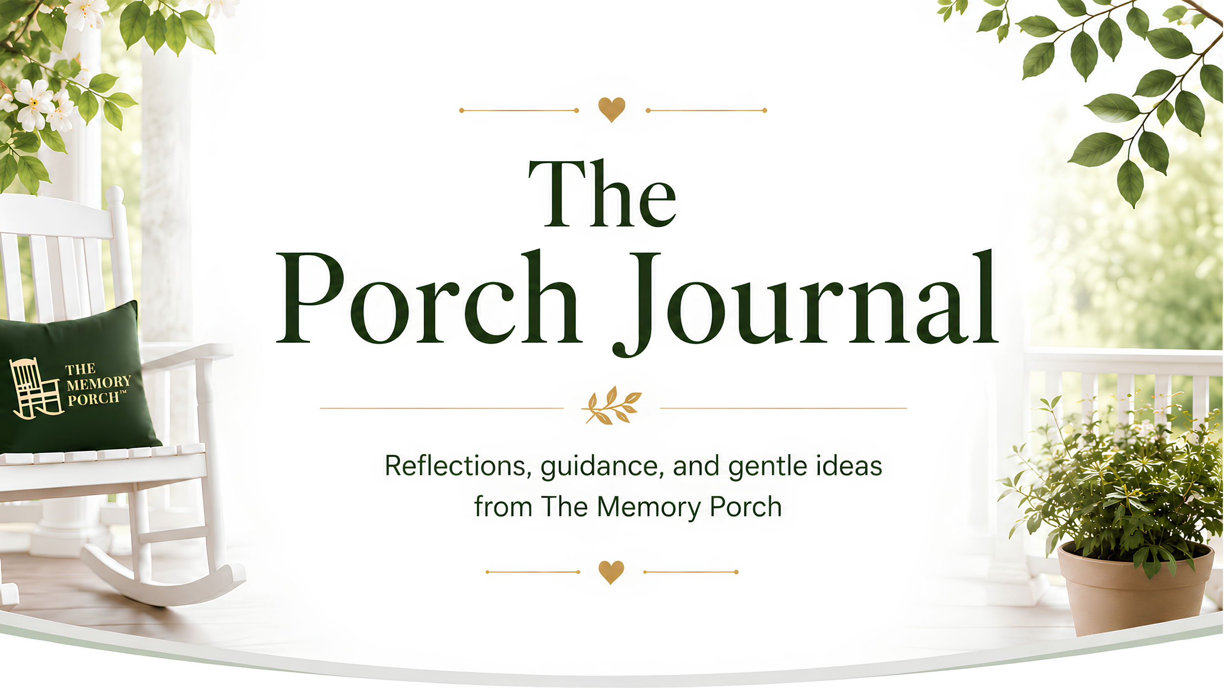 A porch with white rocking chairs, green cushions, potted plants, and decorative greenery, with the text 'The Porch Journal' in the center.