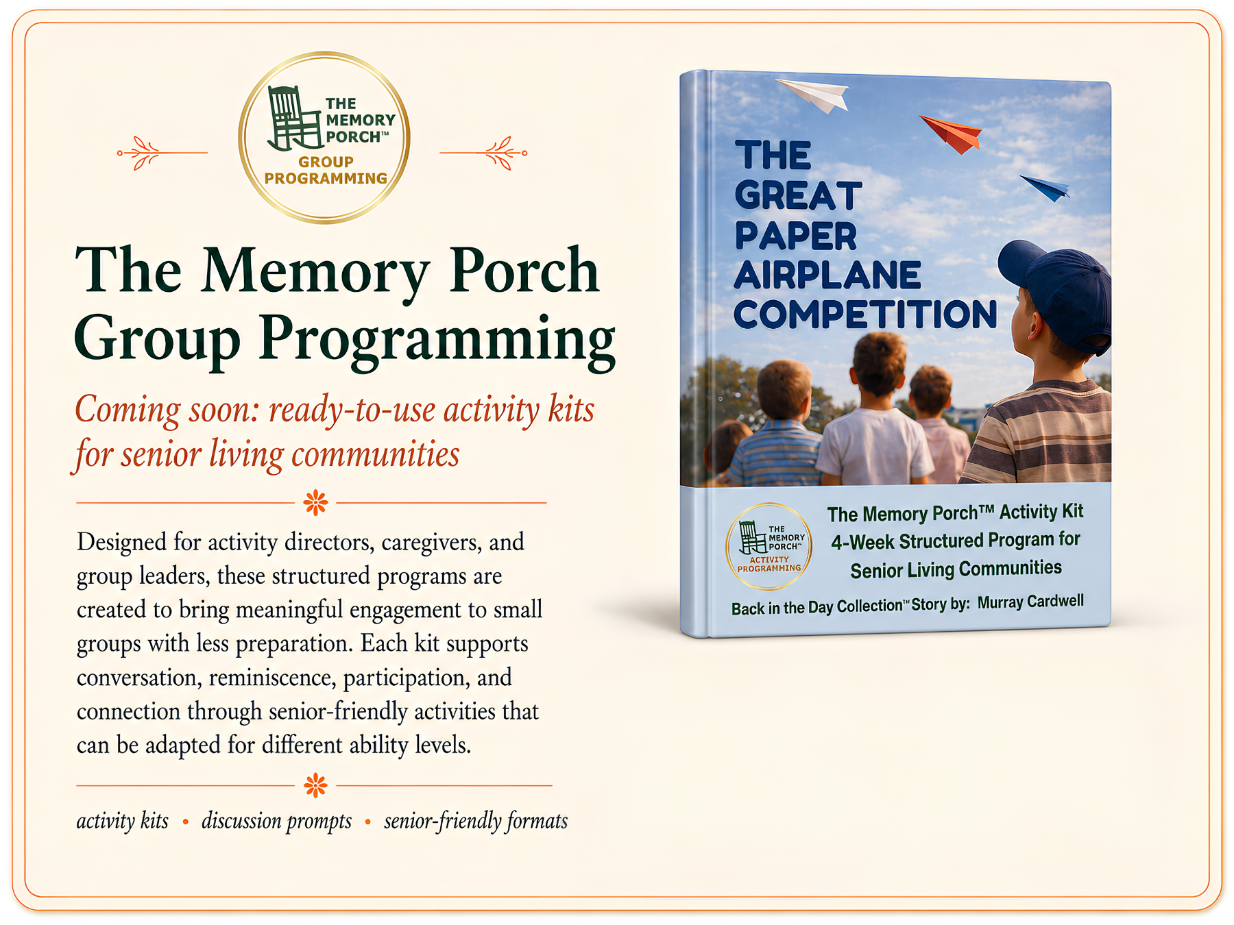 A promotional display for The Memory Porch Group Programming, featuring a book titled 'The Great Paper Airplane Competition' and text about upcoming activities and programs for senior living communities, with a picture of children flying paper airplanes in the background.