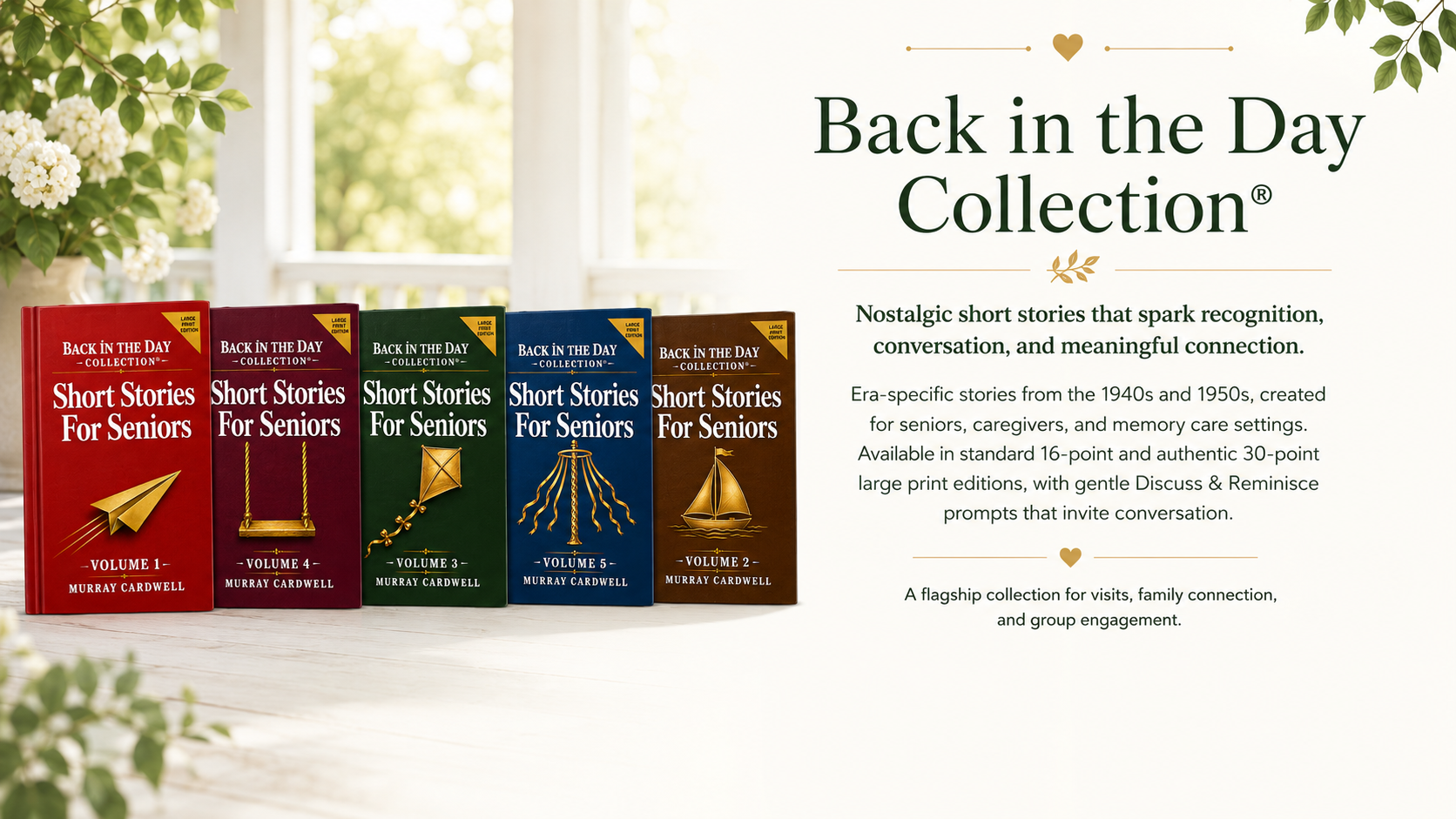 Image showing the 'Back in the Day Collection' of short story books for seniors, with five volumes in red, maroon, green, blue, and brown, set on a white surface with a blurred outdoor background and greenery in the corners.