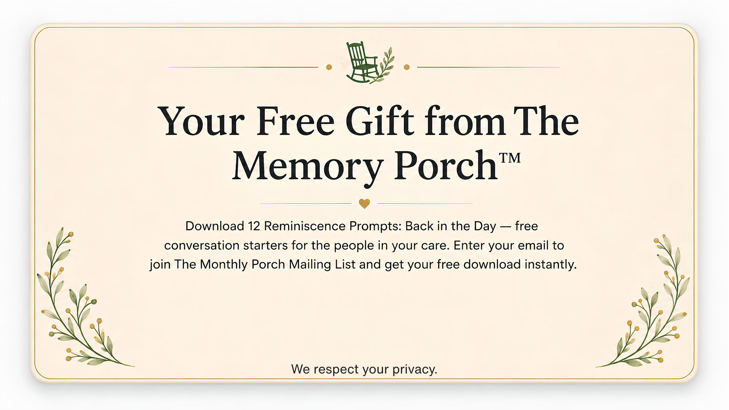 A promotional graphic offering a free downloadable gift of 12 Reminiscence Prompts from The Memory Porch, with decorative botanical illustrations on the sides and a small rocking chair icon at the top center.