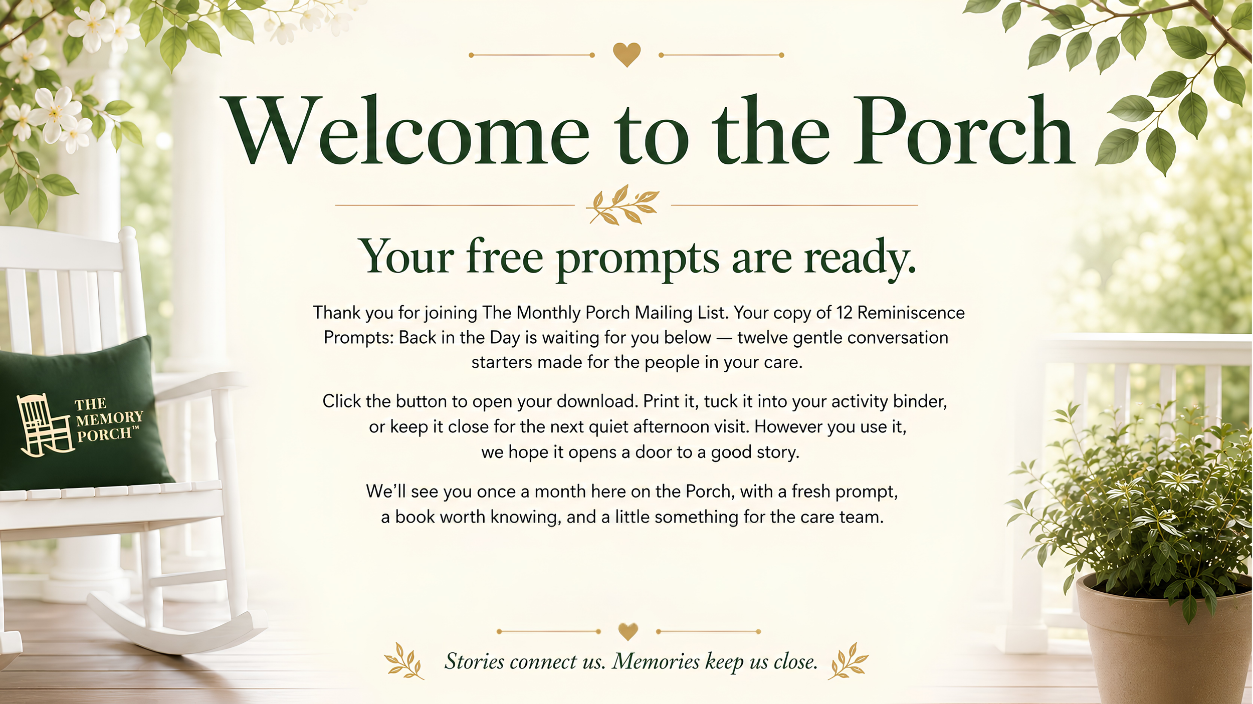 Invitation to the Porch with white and green theme, featuring a white porch chair with a green pillow that has a logo reading 'The Memory Porch,' surrounded by flowers and greenery.