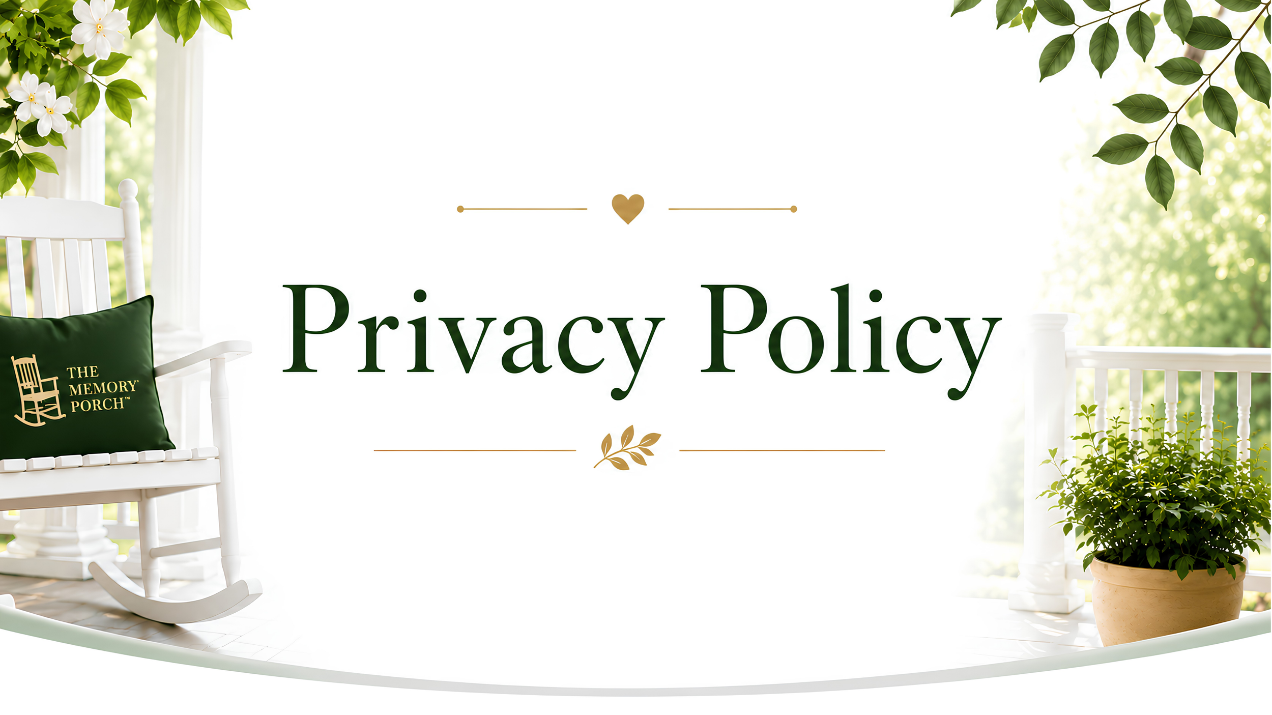 A sign with the text 'Privacy Policy' surrounded by outdoor patio decor, including a white rocking chair with a green cushion that has 'The Memory Porch' written on it, and lush green plants on a porch.