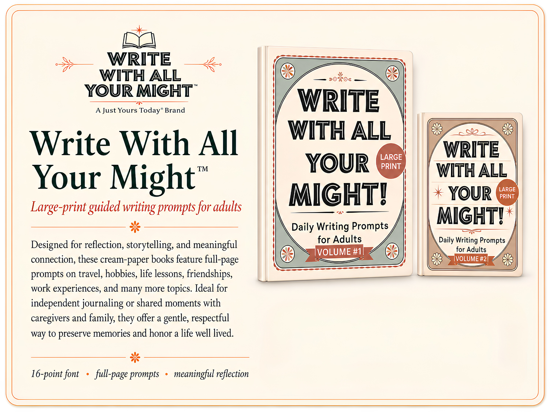 Cover of a guided writing prompts book titled "Write With All Your Might" with a subtitle indicating it is large print and for adult reflection, featuring volume 1 and volume 2.