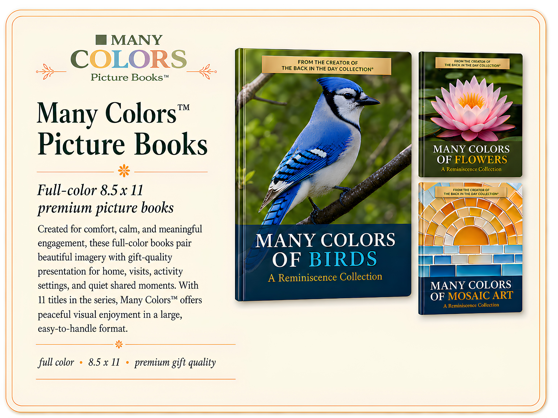Cover of a collection of picture books titled 'Many Colors'. The cover features three books: 'Many Colors of Birds' with a blue jay, 'Many Colors of Flowers' with a pink water lily, and 'Many Colors of Mosaic Art' with a colorful mosaic pattern. The header reads 'From the creator of The Back in the Day Collection'.
