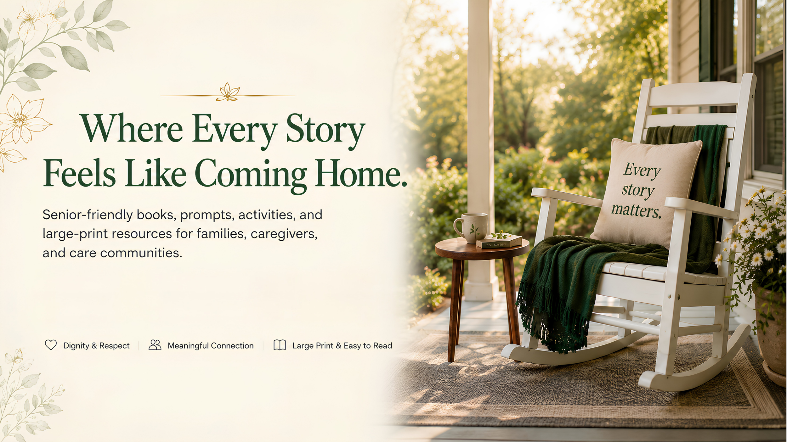 A cozy porch scene with a white rocking chair decorated with a pillow that reads 'Every story matters,' a small wooden side table with a coffee mug and a book, and a lush garden background with sunlight filtering through trees.