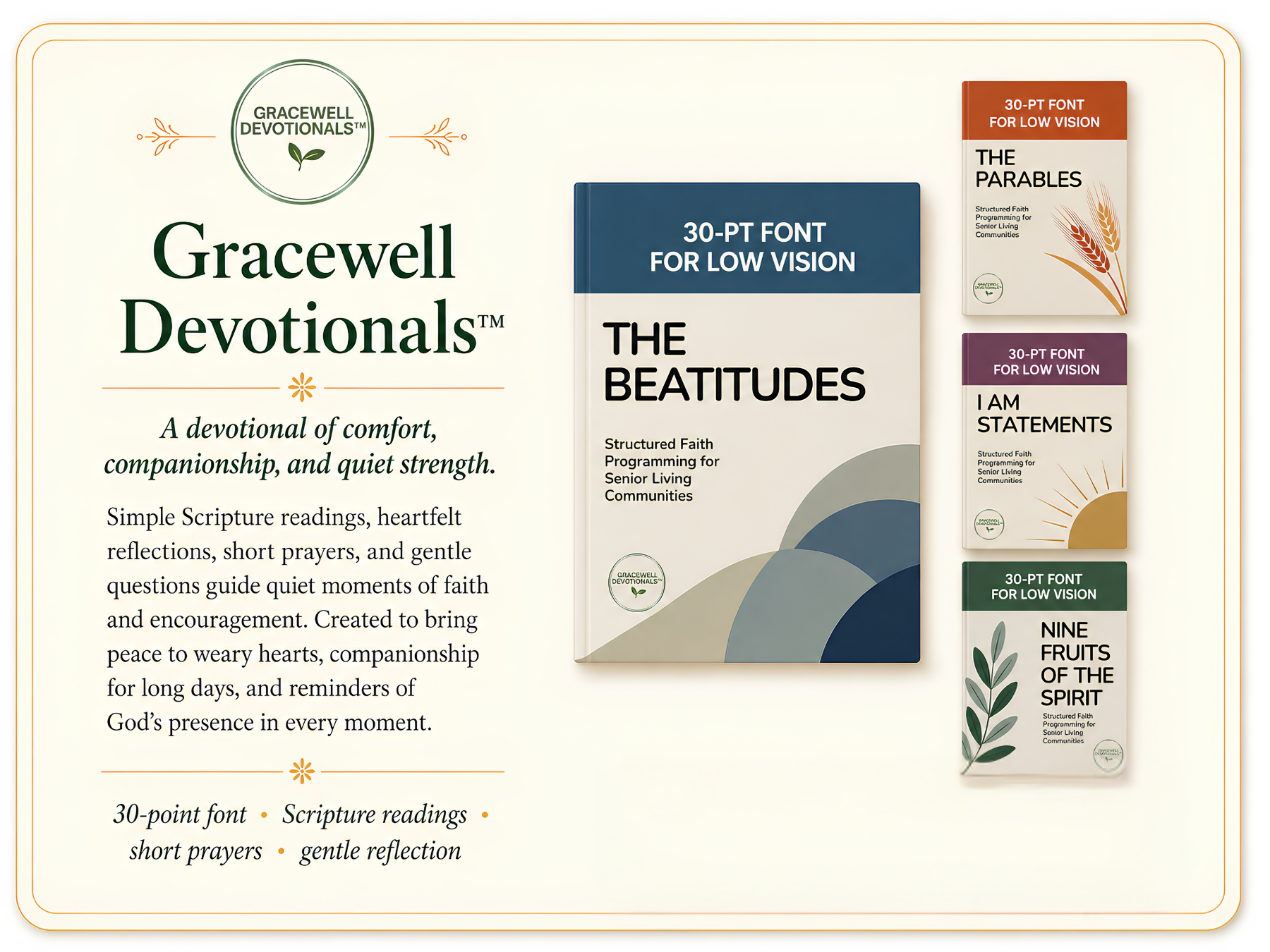 A promotional display for Gracewell Devotionals, featuring multiple devotional books with titles like "The Beatitudes," "The Parables," and "Nine Fruits of the Spirit." The display highlights large, clear text emphasizing accessibility with 30-point font for low vision readers.