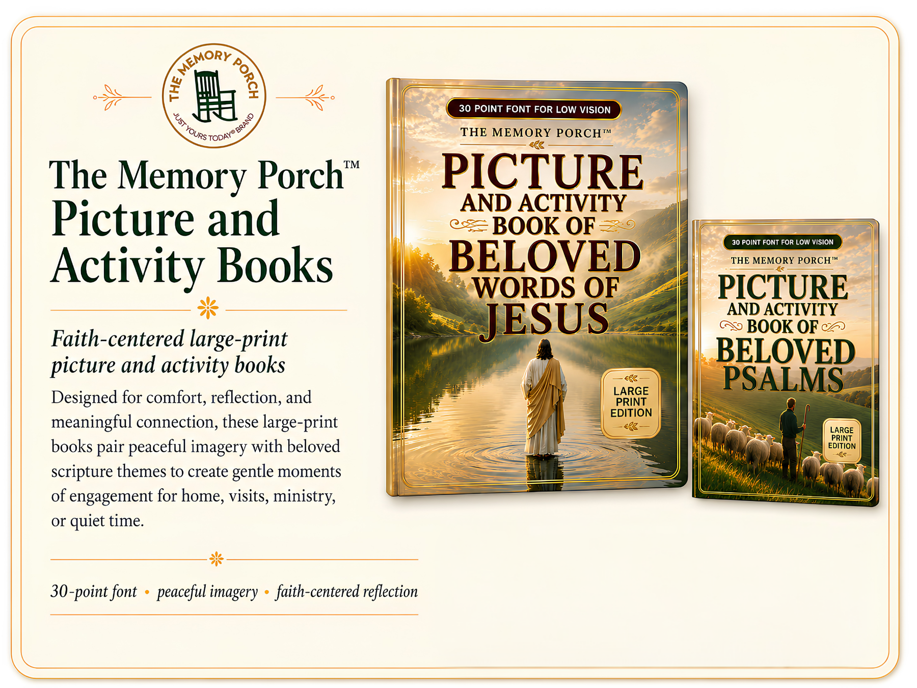 Display of two faith-centered large-print picture and activity books titled "Picture and Activity Book of Beloved Words of Jesus" and "Picture and Activity Book of Beloved Psalms" with scenic cover images.