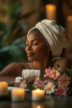 A woman with a towel wrapped around her head relaxing with eyes closed, surrounded by lit candles and pink flowers.
