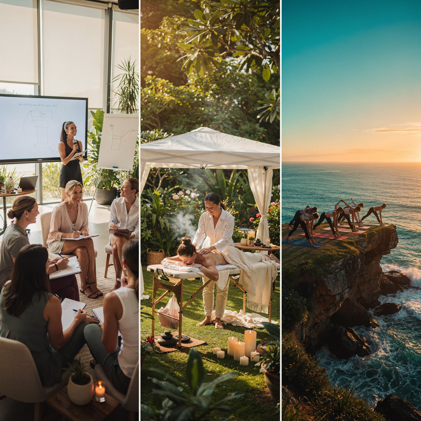 A collage of three outdoor and indoor scenes: a woman giving a presentation to a group of women in a bright room with large windows; a woman receiving a massage at a spa with candles and greenery around her; a group practicing yoga on a rocky cliff overlooking the ocean at sunset.