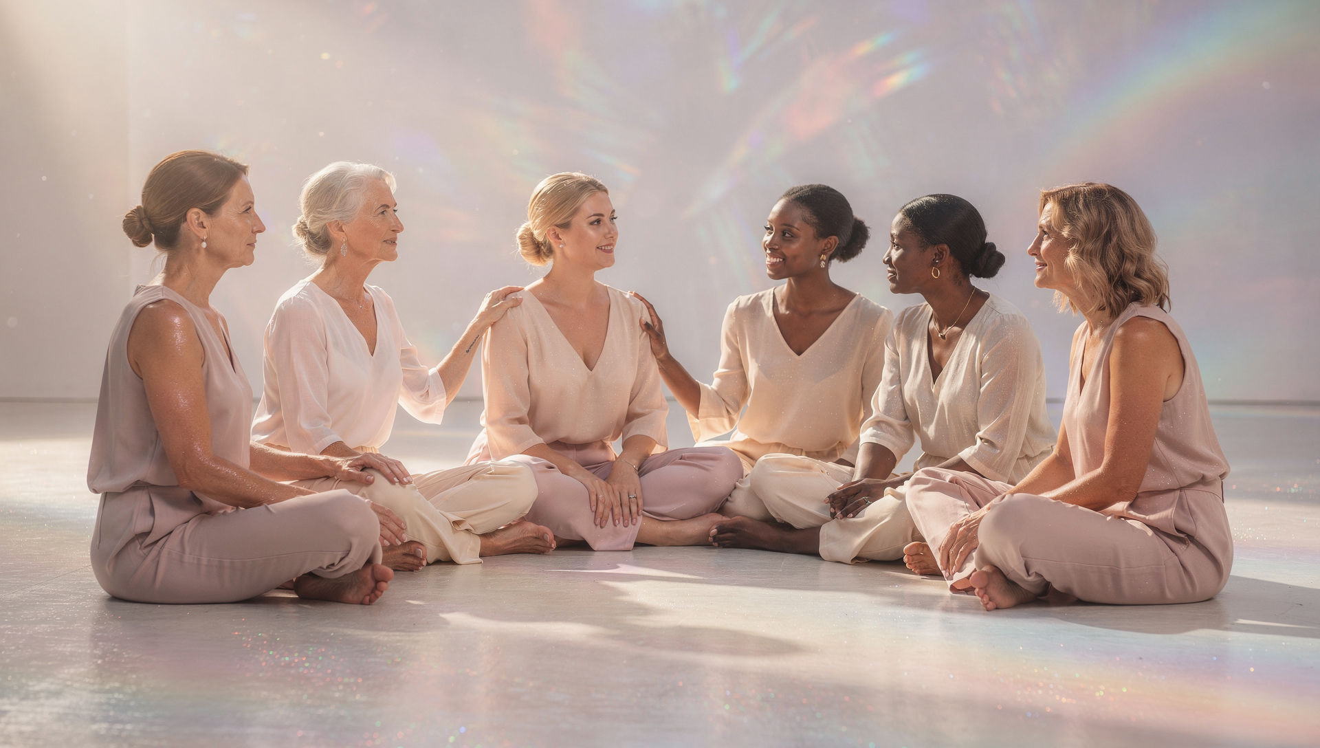 Seven women of different ages and ethnicities sitting on the floor in a circle, engaging in conversation in a well-lit indoor space with pastel colors and a rainbow-like light projection on the back wall.