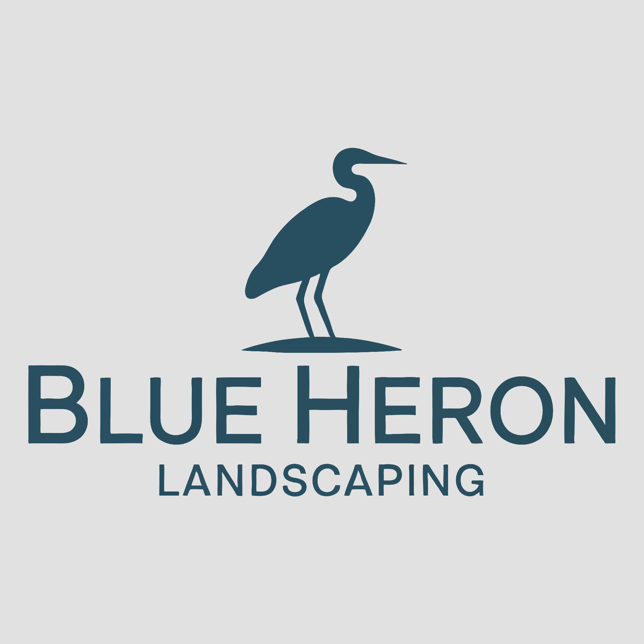 Logo for Blue Heron Landscaping featuring a silhouette of a blue heron bird and the text 'Blue Heron Landscaping' on a light gray background.