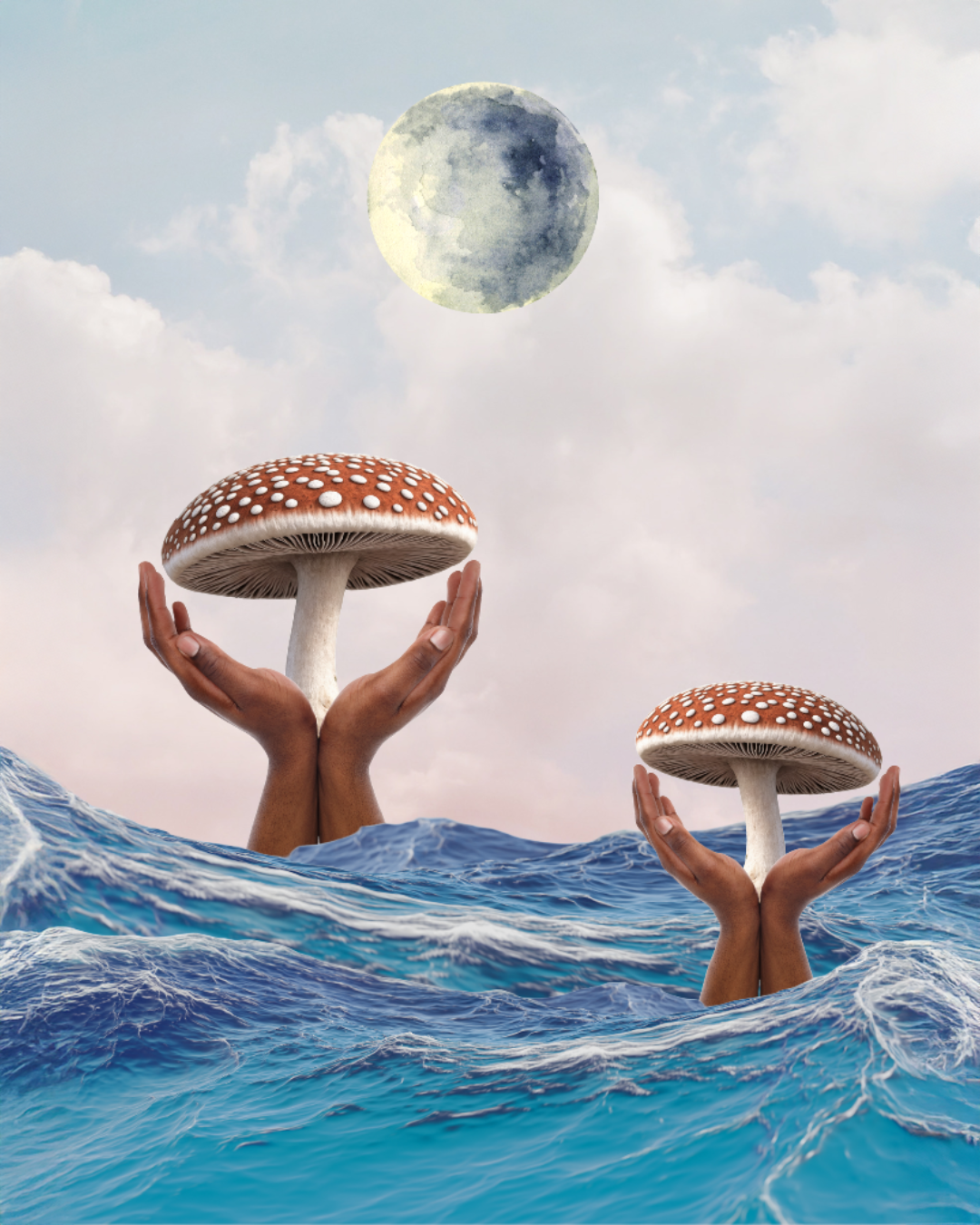 Hands emerging from water holding mushrooms, with a cloudy sky, a moon, and clouds in the background.
