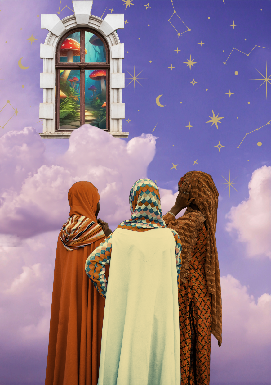 Three women wearing colorful robes and headscarves look up at a starry sky with clouds, observing a window showing a magical forest with red mushrooms and lush greenery.