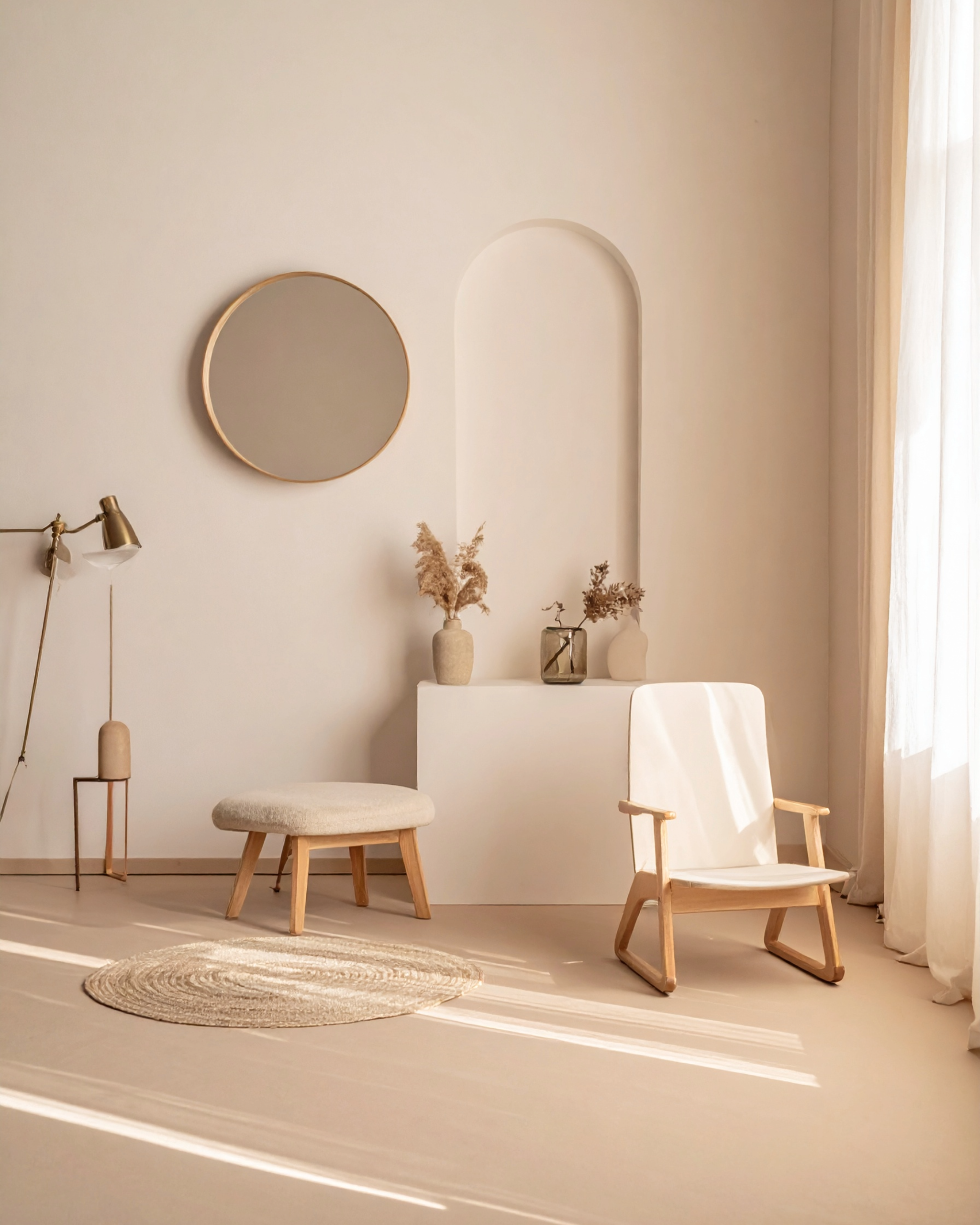Minimalist room with beige walls, a circular mirror, a small stool, a white chair, a circular rug, a side table with dried flowers, and soft natural lighting.