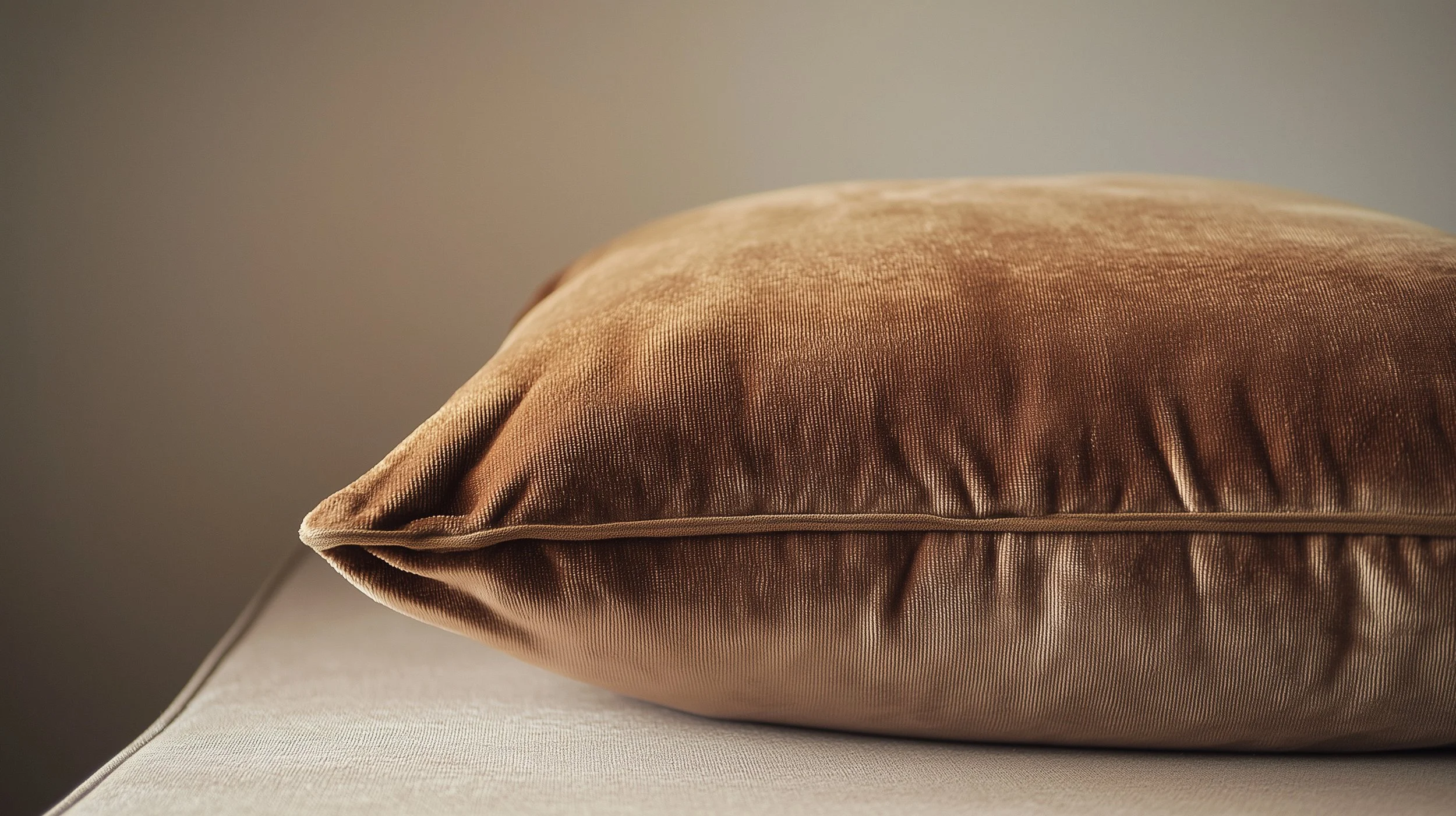 Close-up of a brown velvet pillow on a beige surface with a neutral background.