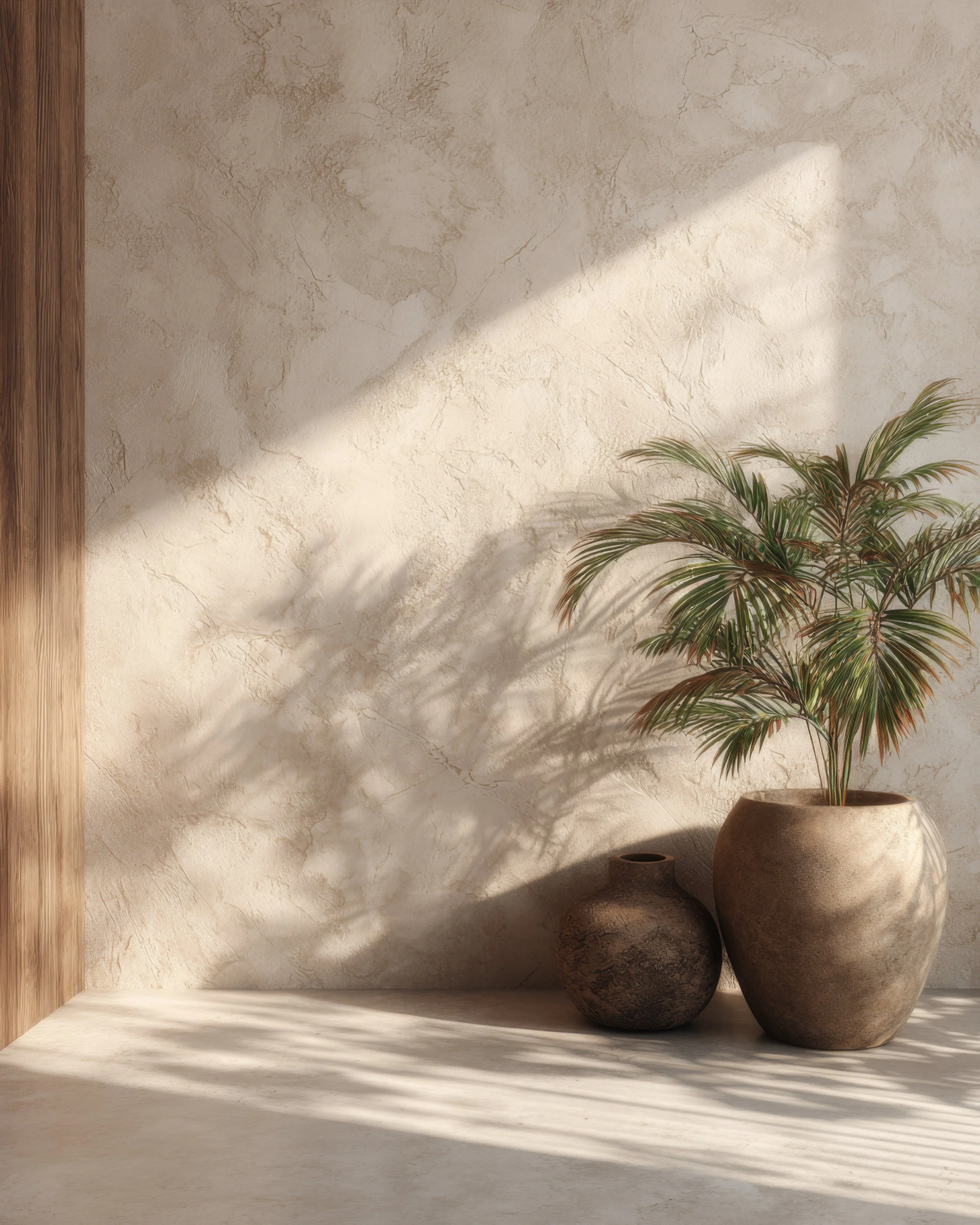 Interior corner with textured beige wall, sunlight creating shadows, large potted palm plant, and two smaller decorative pots.