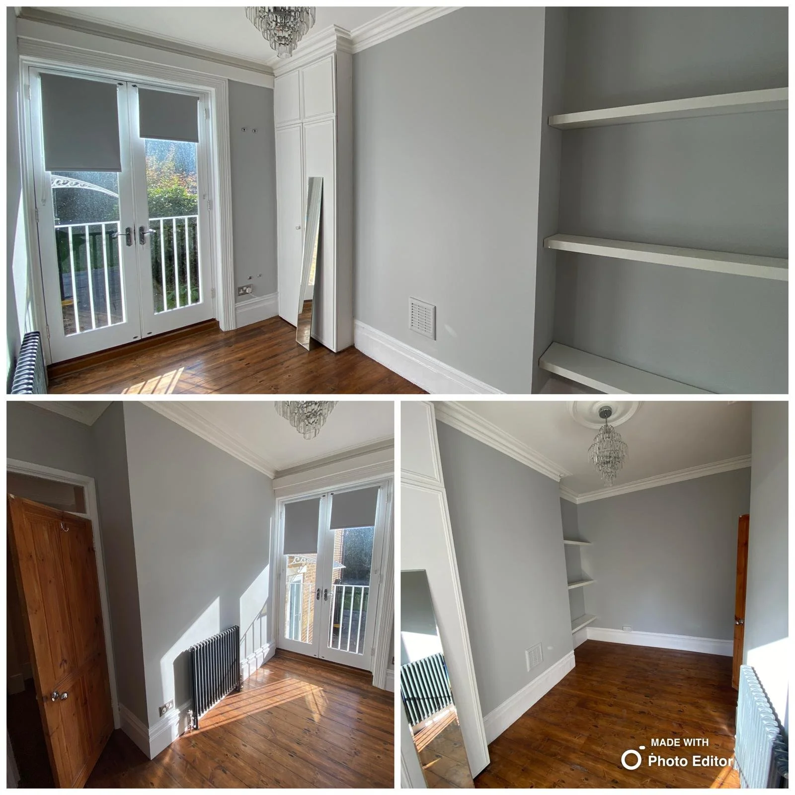Freshly painted grey bedroom with built-in shelving and feature wall completed by a painter and decorator in Ware