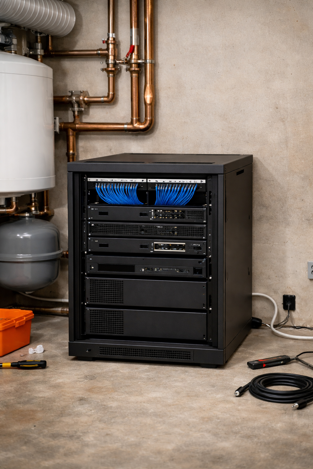A server rack with blue Ethernet cables inside, placed in a utility room with copper plumbing and a water heater on a concrete floor.