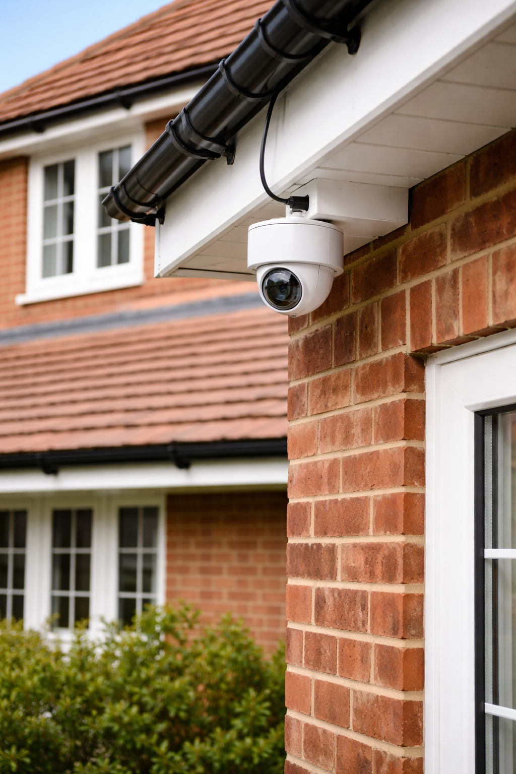 Security camera mounted on the exterior corner of a brick house under the roof eaves.