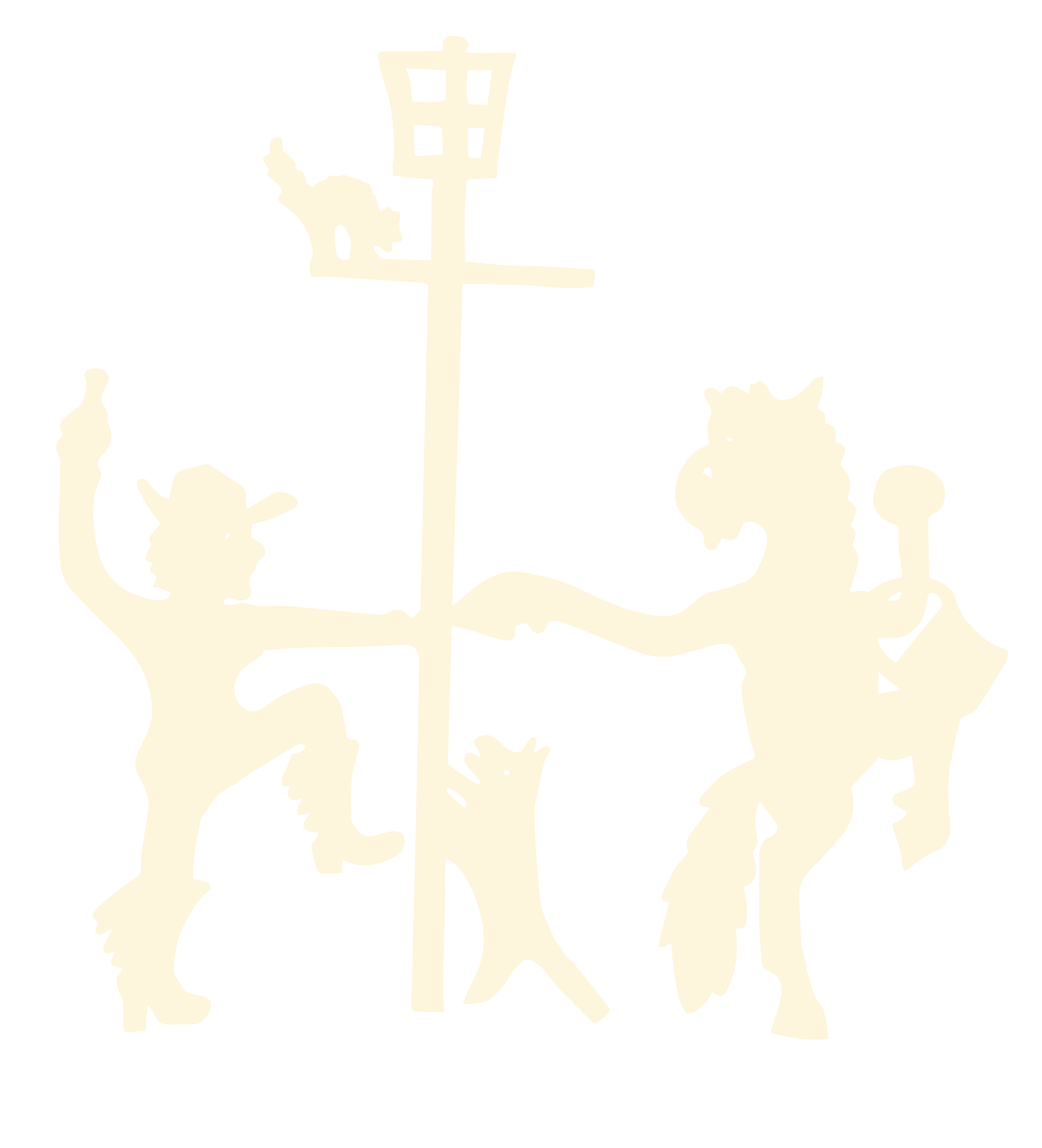 Silhouette of a person with a hat raising a hand on the left, a unicorn on the right, and a tall lamp post in the center against a black background.