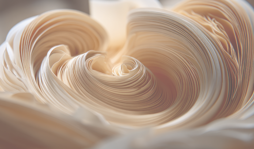 Close-up of curled and layered pages of cream-colored paper.