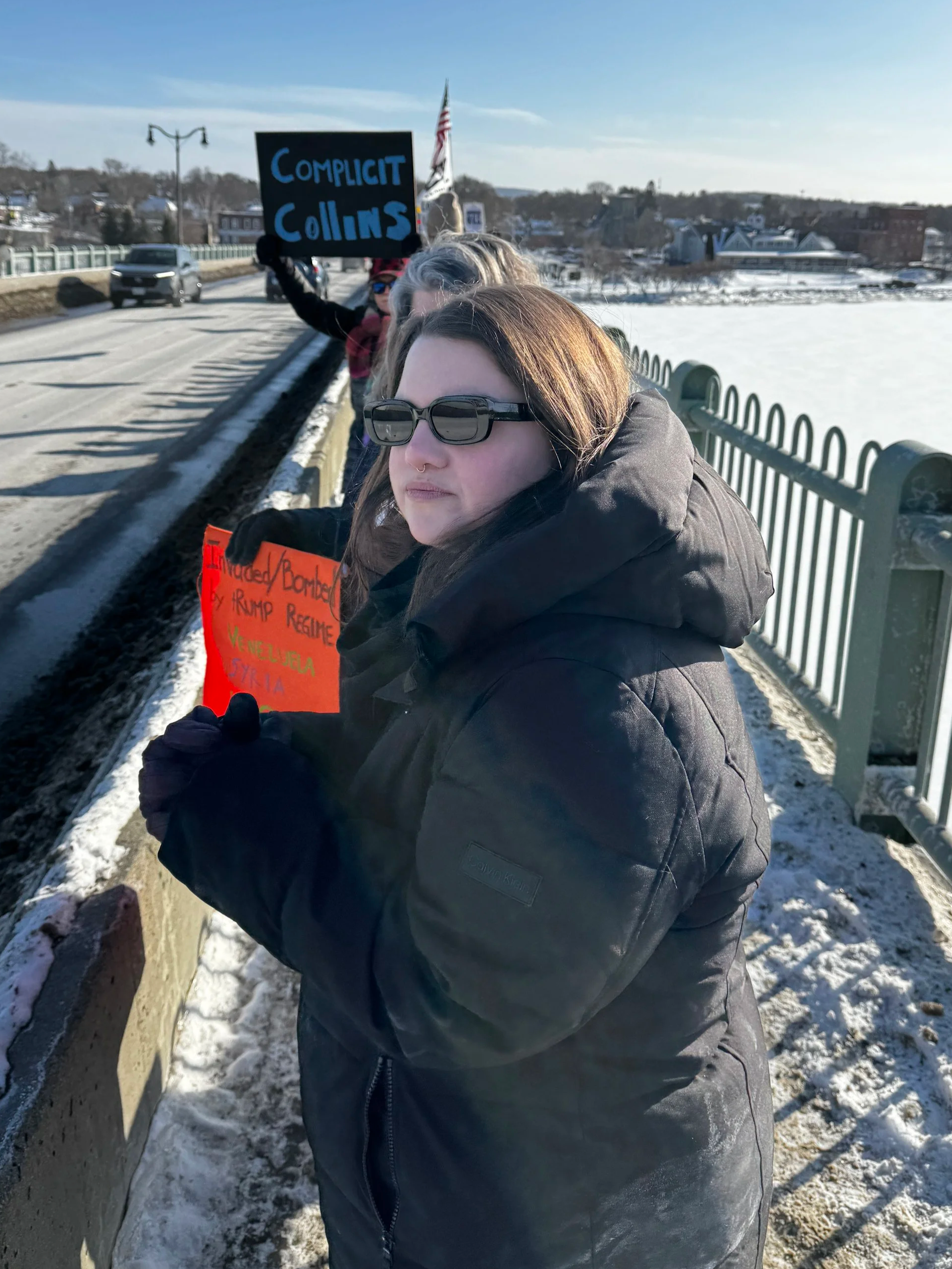 Group of protesters standing on a snowy bridge holding signs against political issues.