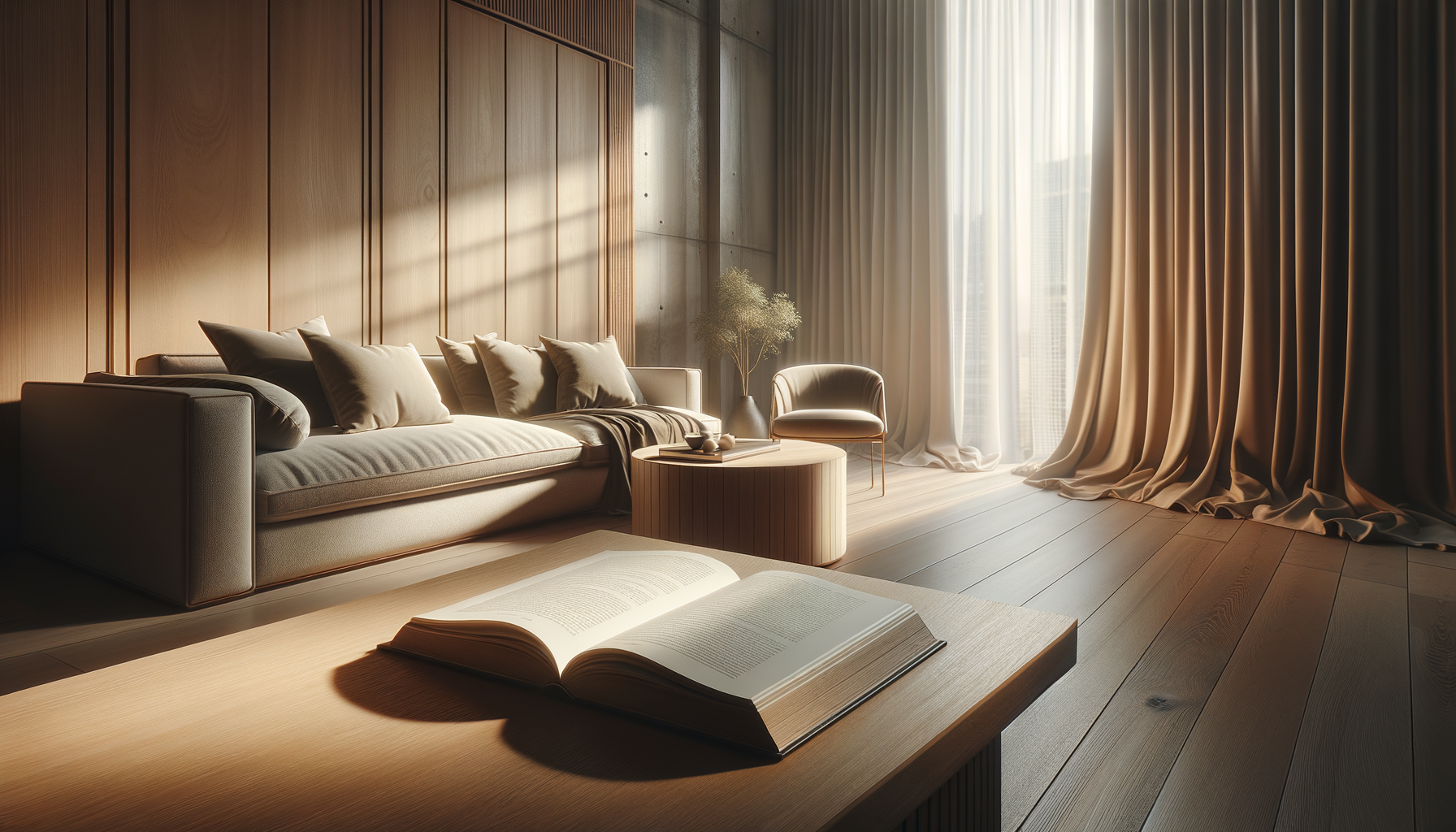 Living room with beige sofa, pillows, and a coffee table with an open book, wooden panel wall, tall windows with curtains, and sunlight streaming in.
